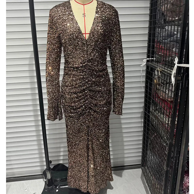 Side Draping V Neck Bodycon Long Sequin Dresses Party Sexy Maxi Vestidos