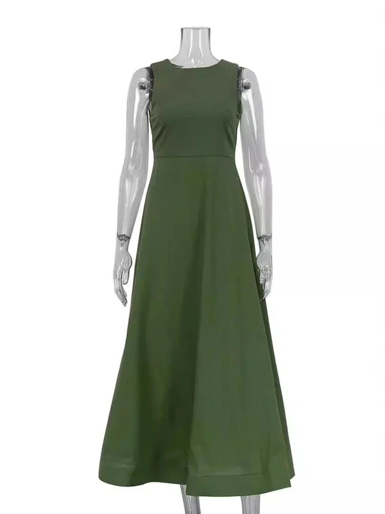 Summer Slim Fit Sleeveless High Waist Green Color Long Dresses