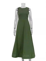 Summer Slim Fit Sleeveless High Waist Green Color Long Dresses
