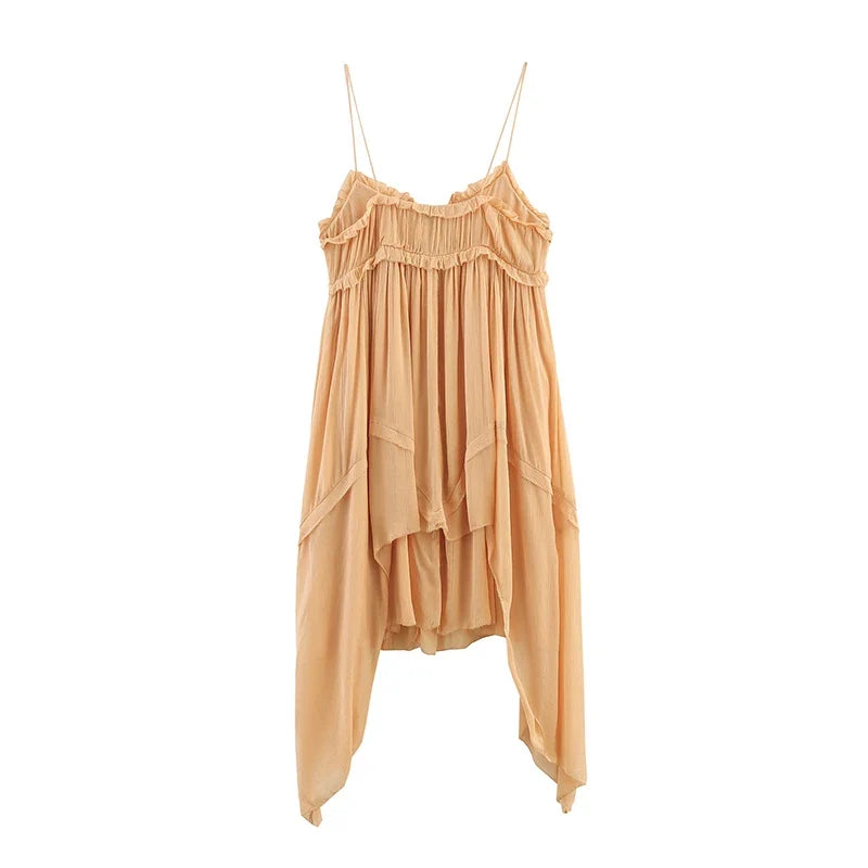 Front Lace Up Thin Straps Asymmetric Ruffles Dresses Sexy Summer Short Vacation Dresses