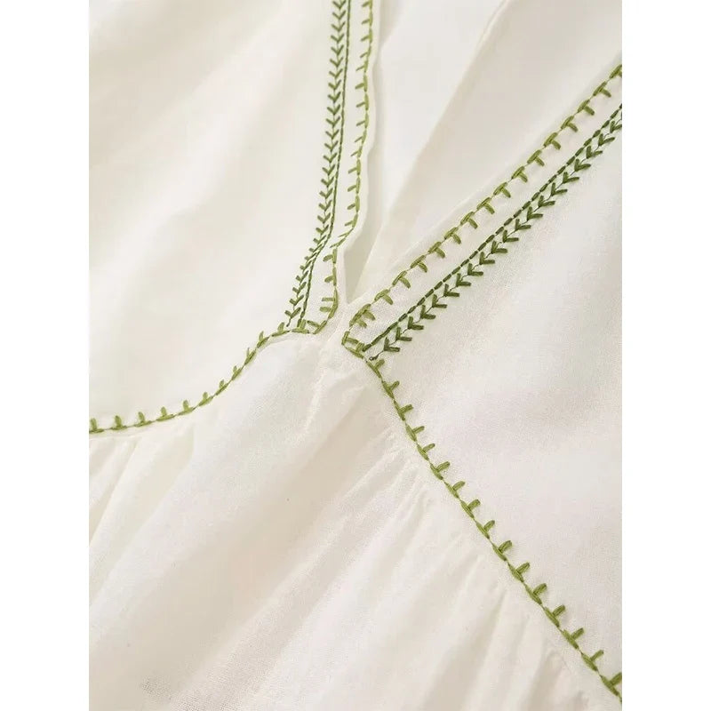 Summer V Neck Casual Loose Floral Embroidered Short Dresses