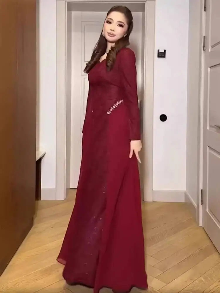 Fashionable V-neck Long Sleeved Patchwork Pleated Dresses