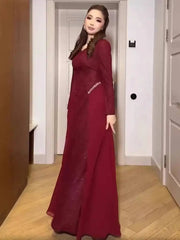 Fashionable V-neck Long Sleeved Patchwork Pleated Dresses
