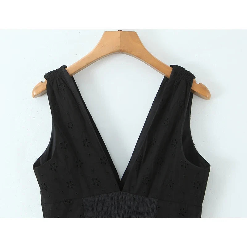 Front Button Sleeveless V Neck Floral Embroidery Black Dresses