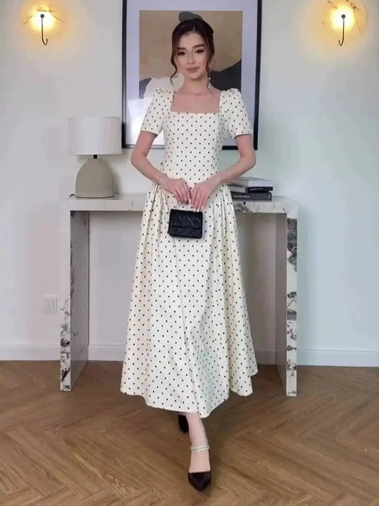 Autumn Retro Polka Dot Square Neck Short Sleeved Dresses