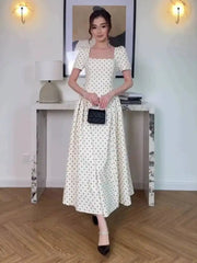 Autumn Retro Polka Dot Square Neck Short Sleeved Dresses