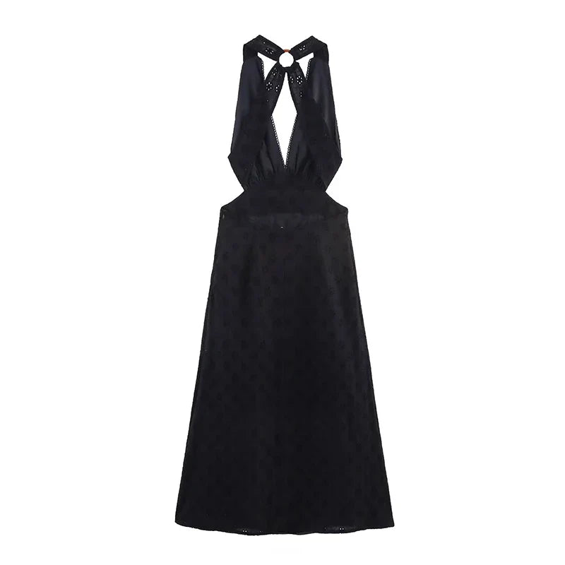Summer Black Hollow Out Embroidery Halter Cutout Maxi Dresses