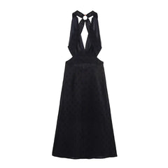 Summer Black Hollow Out Embroidery Halter Cutout Maxi Dresses