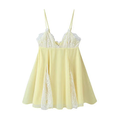 Sexy Spaghetti Straps Lace Trim Yellow Short Dresses V Neck A-line Beach Holiday Summer Vestidos