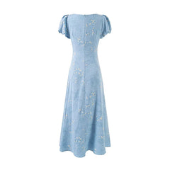 French Style Floral Print Elegant Dresses Vintage Puff Sleeve A-line Slim Summer Dresses