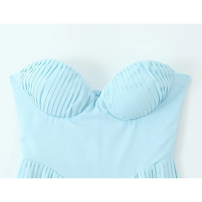 Elegant Blue Sexy Low Waist Pleated Strapless Dresses
