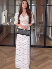Retro Polka Dot V-neck Bubble Sleeve Hollow Waist Dresses