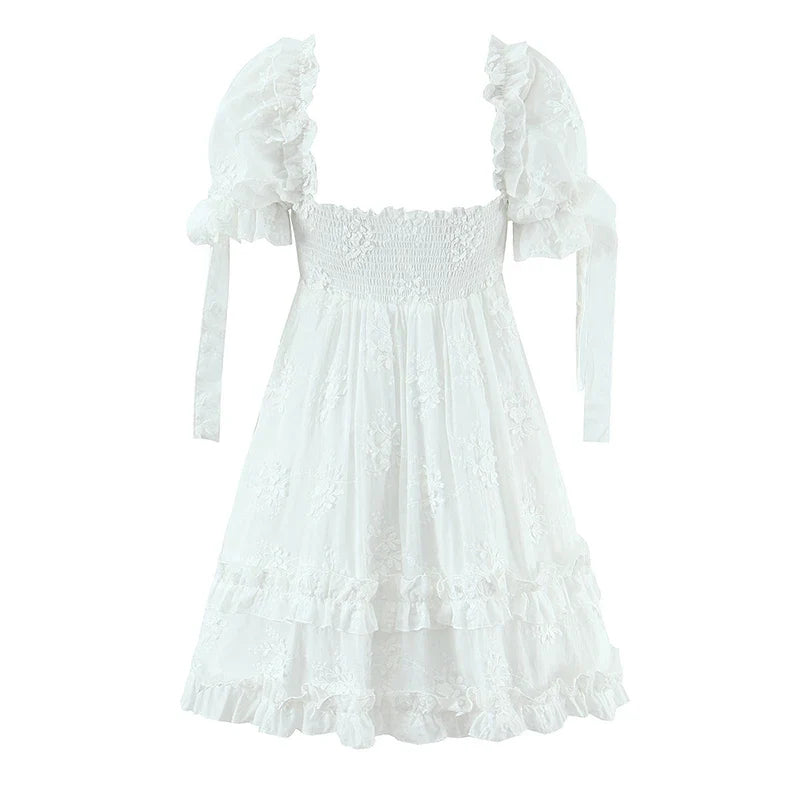 Elegant White Floral Embroidery Mini Dresses