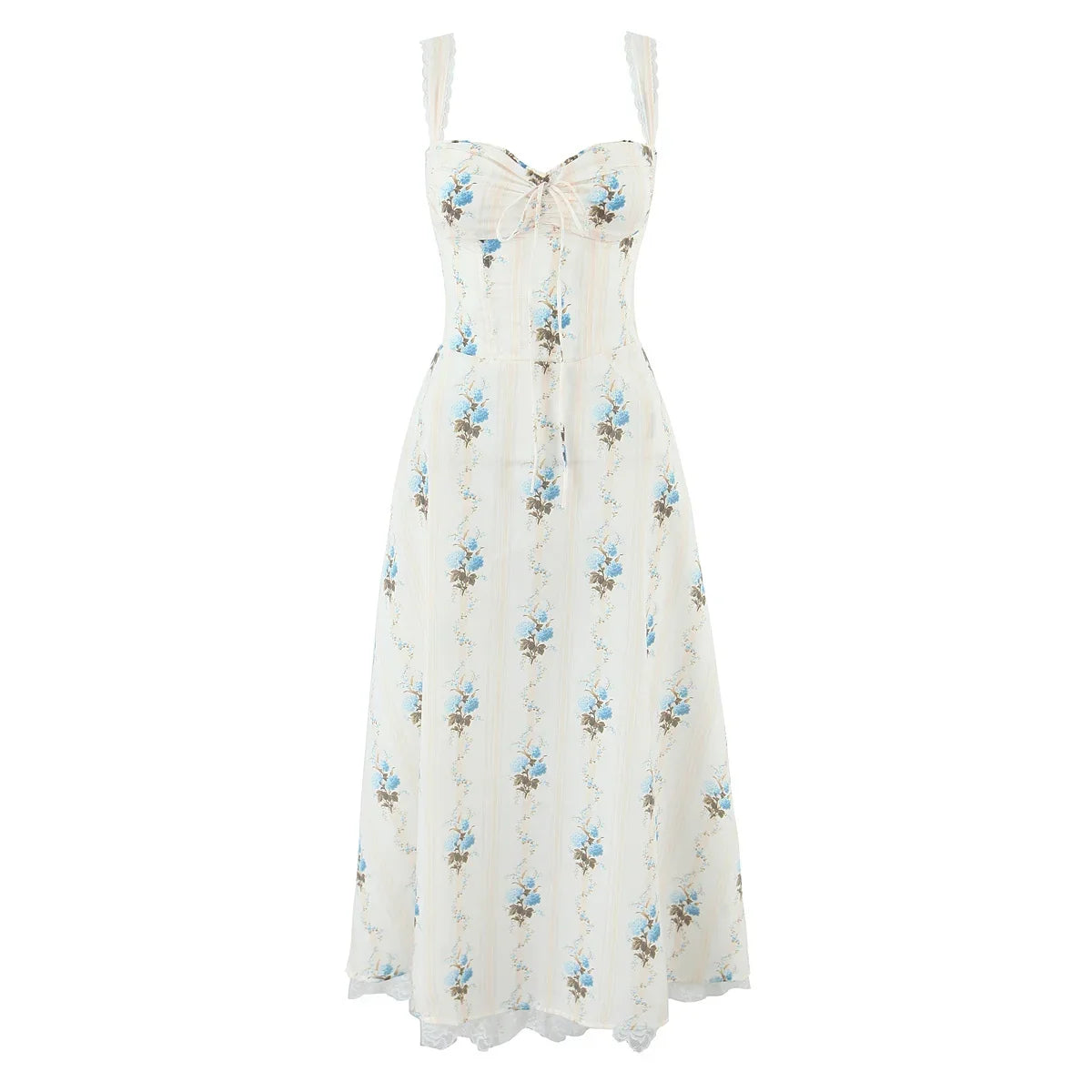 A-line Midi Elegant Party Dresses Sexy Wide Straps Lace Spliced Holiday Summer Floral Print Dresses