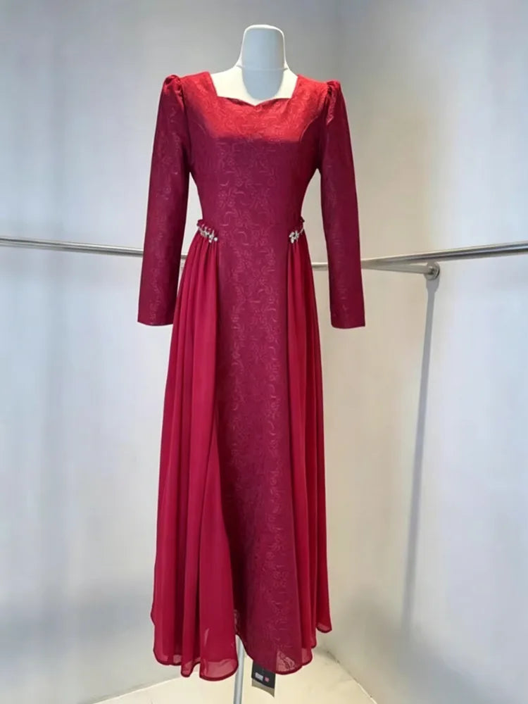 Fashionable V-neck Long Sleeved Patchwork Pleated Dresses