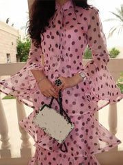 Pink Polka Dot Printed Mermaid Long Dresses