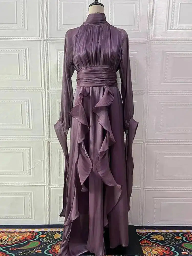 early autumn turtleneck full sleeves shinny ruffles pullover Arabic styles floor length vacation Dresses