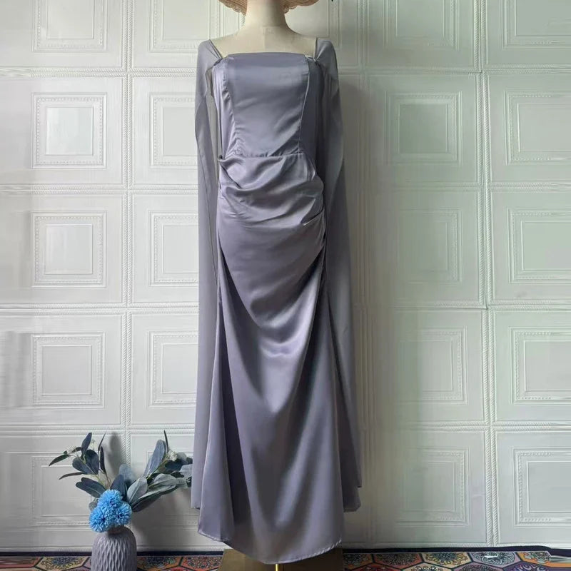 Sexy Backless Lace Up Bridesmaid Dresses Casual Square Neck Slim Fit Evening Gown Elegant Shawl Sleeves Solid Color Robe Dress