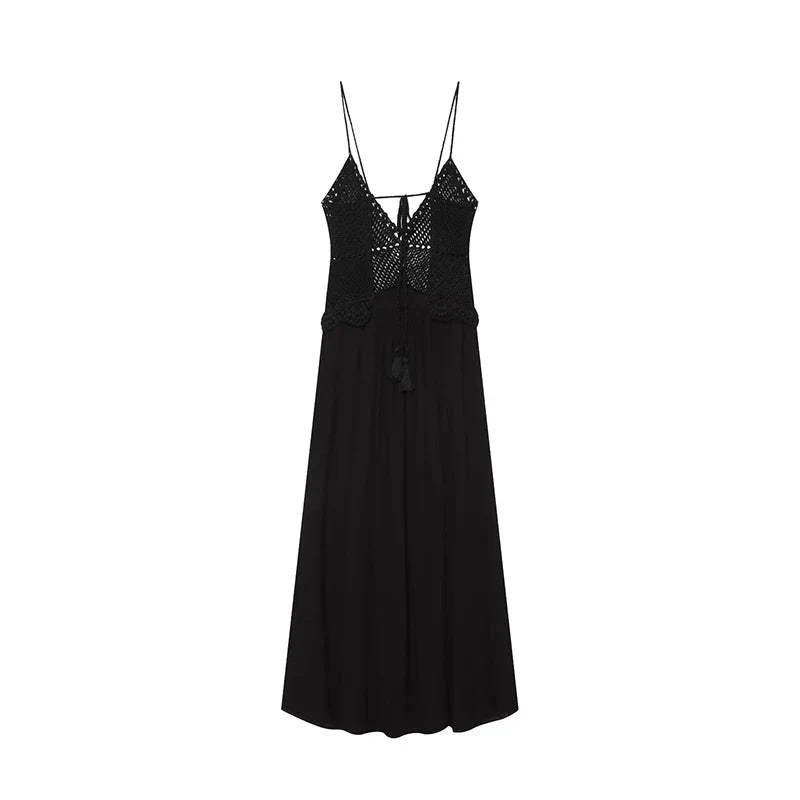 Summer Black Crochet Patchowrk Sling Maxi Dresses