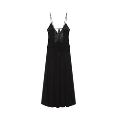 Summer Black Crochet Patchowrk Sling Maxi Dresses