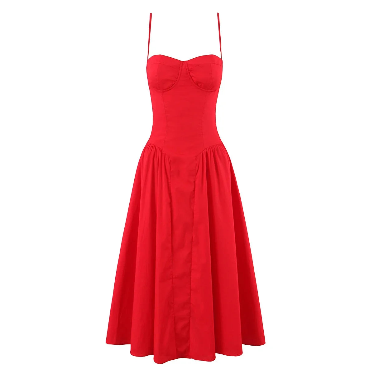 Sexy Spaghetti Straps Red Evening Party Dresses Pretty Girl Low Waist Flare And Flare Birthday Dresses Cotton