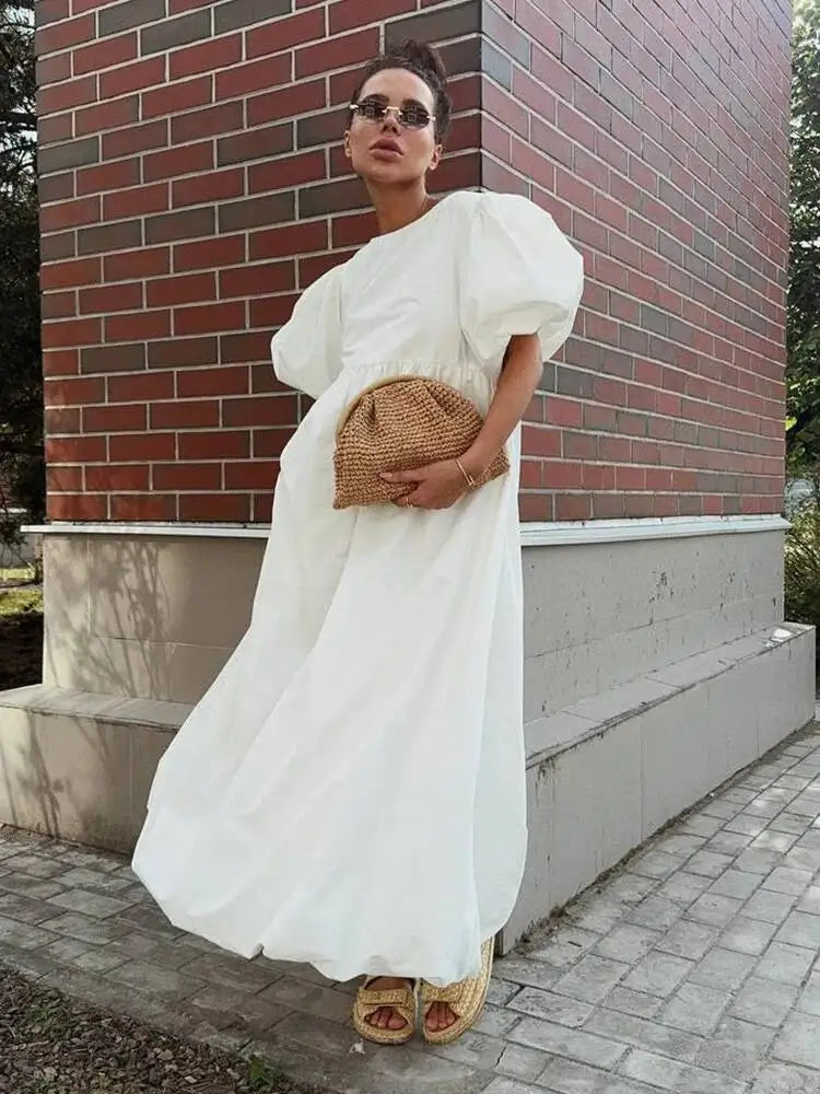 Simple Casual Round Neck Bubble Sleeve Pleated Dresses