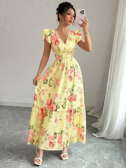 Spring Summer Boho Maxi Dress, Pink Yellow Floral Print V Neck Cap Sleeve Elegant Vacation Resort Holiday Outdoor Clothing