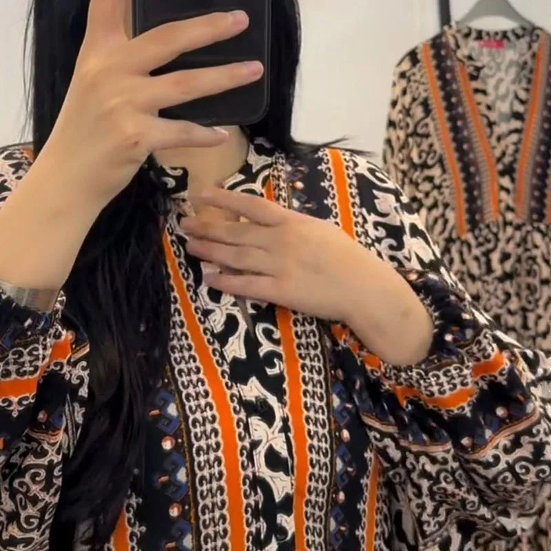 Geometric Pattern Printed Loose Robe Dresses