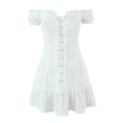 Front Lace Up Floral Embroidery White Sexy Off Shoulder Dresses