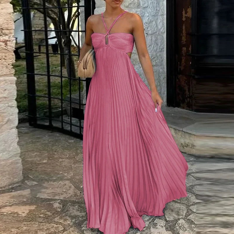 Blue High Waist Pleats Robe Dresses