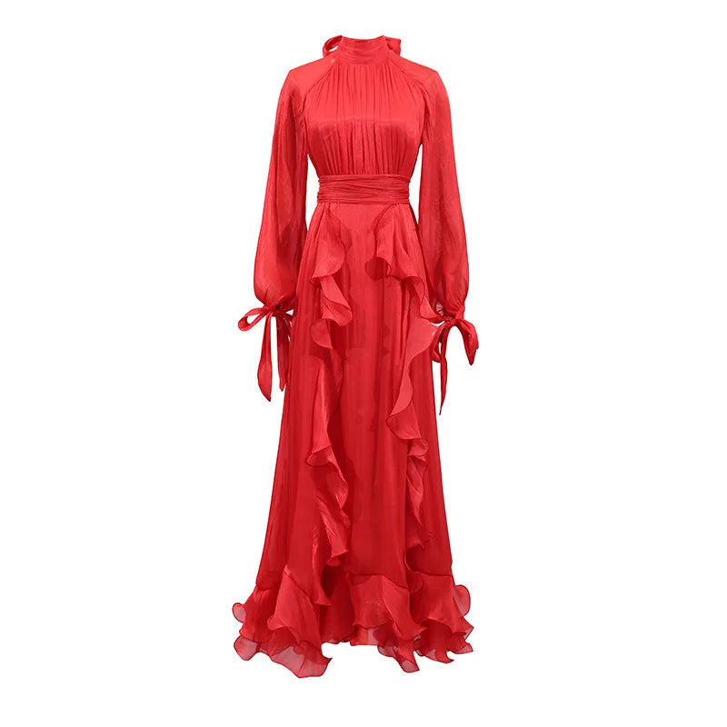 Summer Turtleneck Lantern Full Sleeves Ruffles High Waist Slim Pullover A-line Bottom Dresses