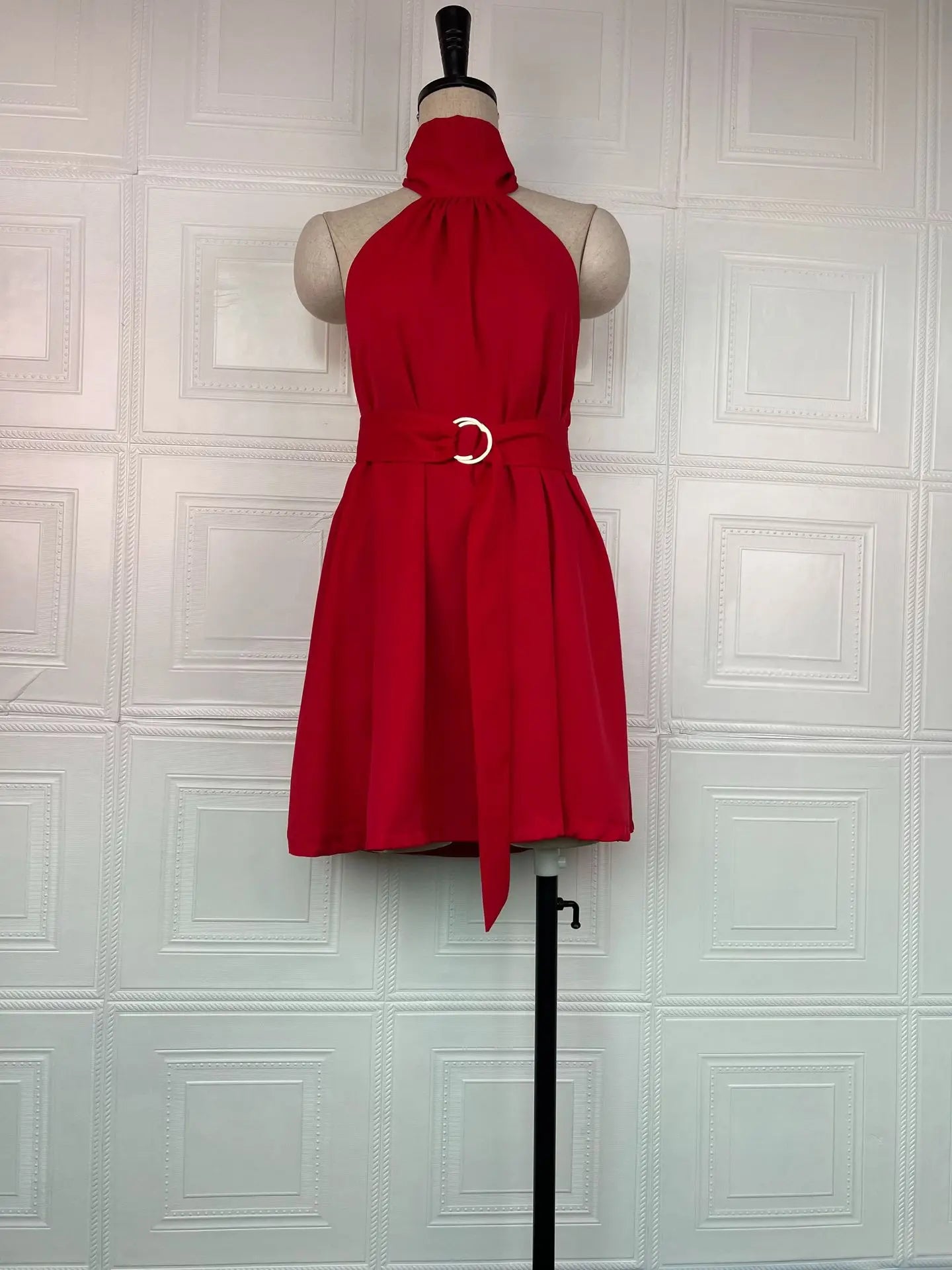 Halter Neck Strap Solid Color Waist-Cinching Short Dresses