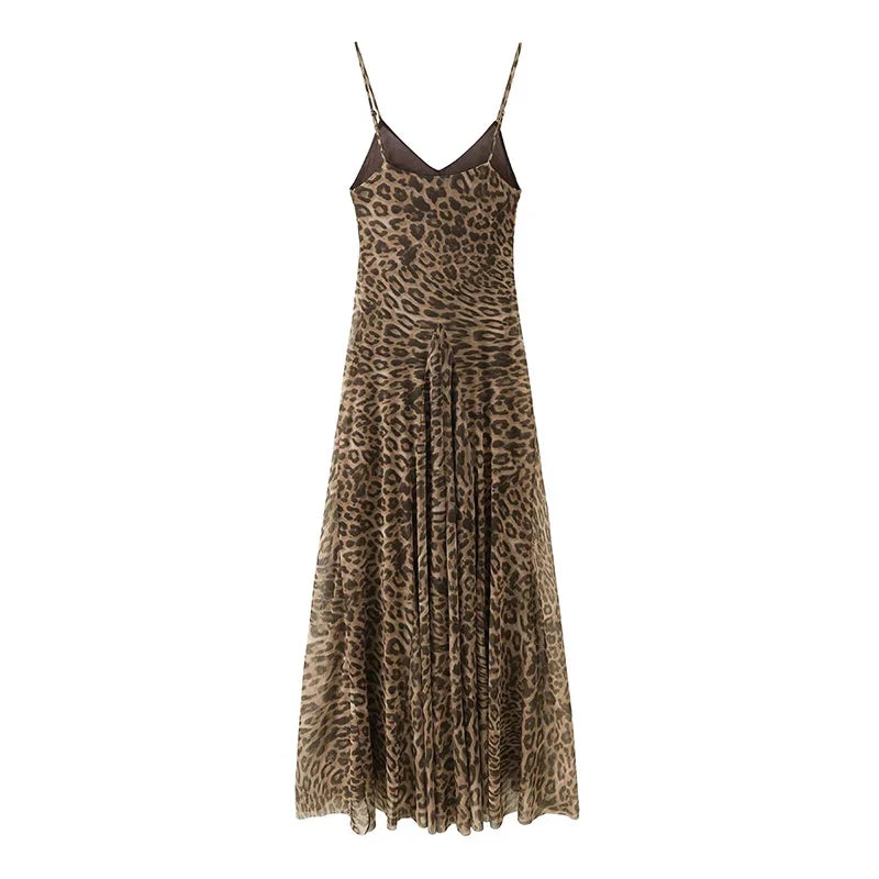 Animal Print V Neck Sling Maxi Dresses