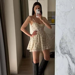 French Style Lace Spliced Floral Print Sling Mini Dresses