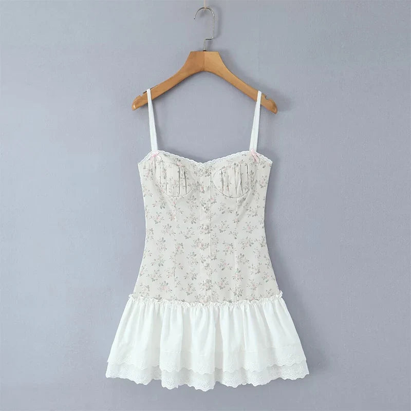 Sexy Sling Summer Dresses White Patchwork Floral Print Dresses