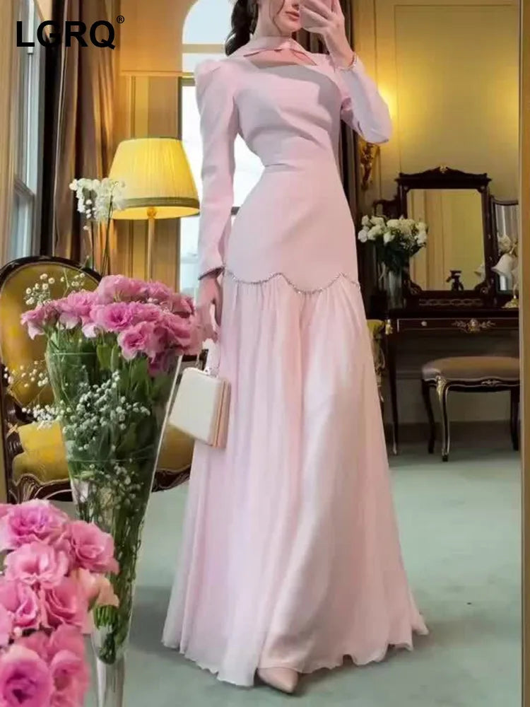 Autumn Square Collar Handmade Diamond Ribbon Long Sleeve Slimming Dresses