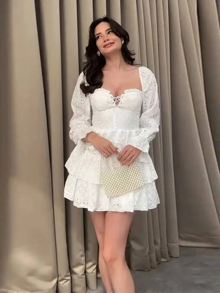 Sweet Square Neck Long Sleeved Ruffled Layered Dresses