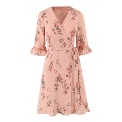 French Style Floral Print Wrap Summer Dresses