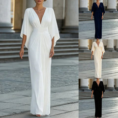 Ladies Sexy Hollow Host Dresses Deep V Batwing Sleeve Commuter Long Dresses
