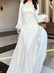 Elegant Satin Round Neck Lantern Sleeve Studded Diamond Waist Dresses