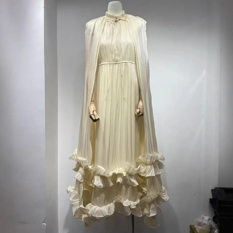 French Style V-neck Fungus Edge Double-layer Hem Long Dresses For Autumn Ladies Party Evening Clothing