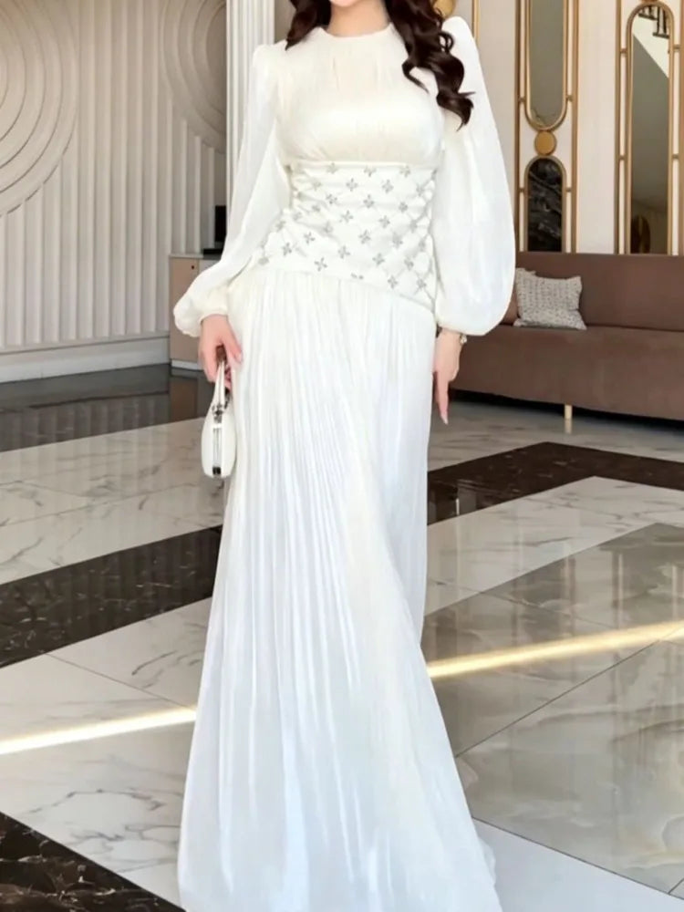 Elegant Satin Round Neck Lantern Sleeve Studded Diamond Waist Dresses