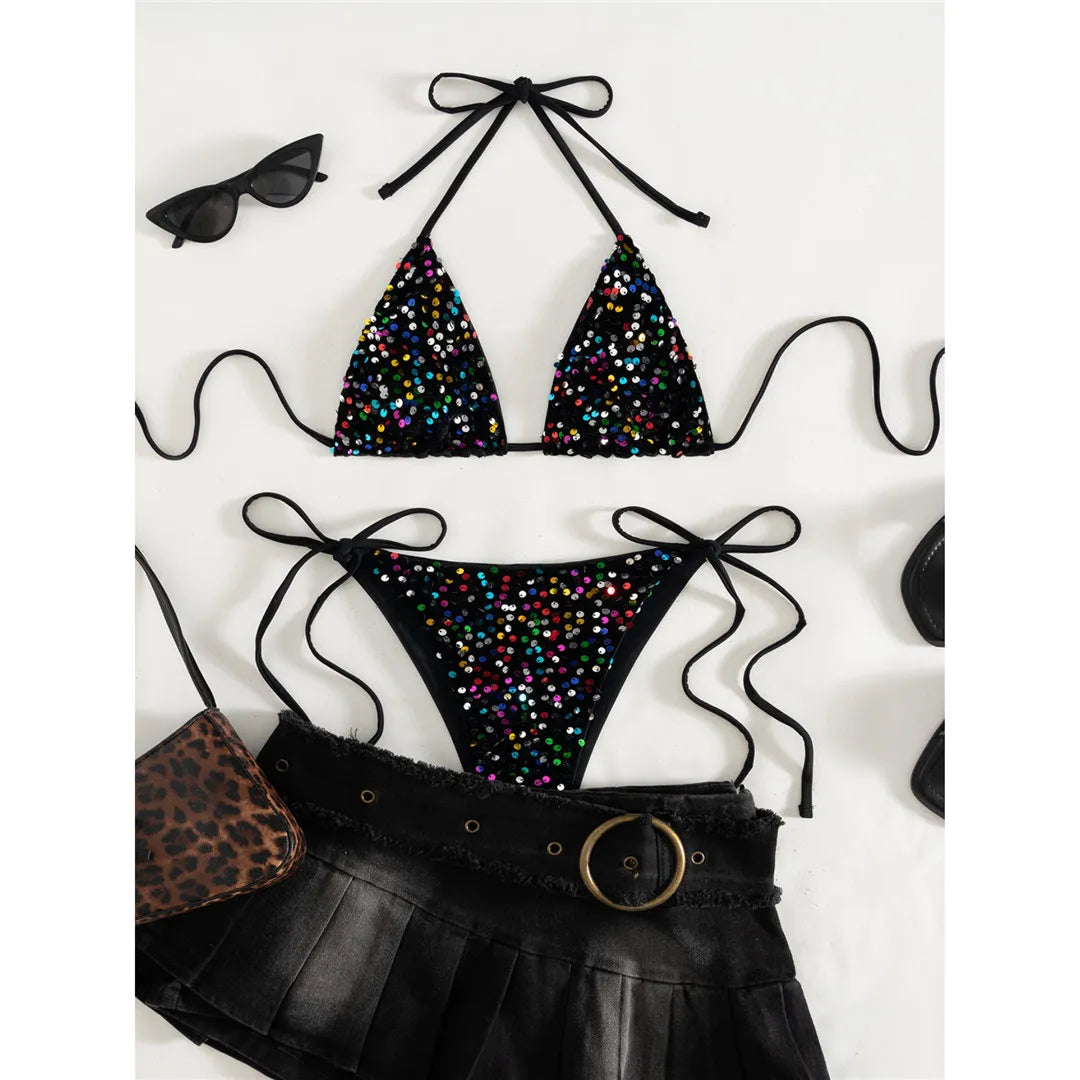 Sequins Halter Bikini Two-pieces Bikini Set Strappy