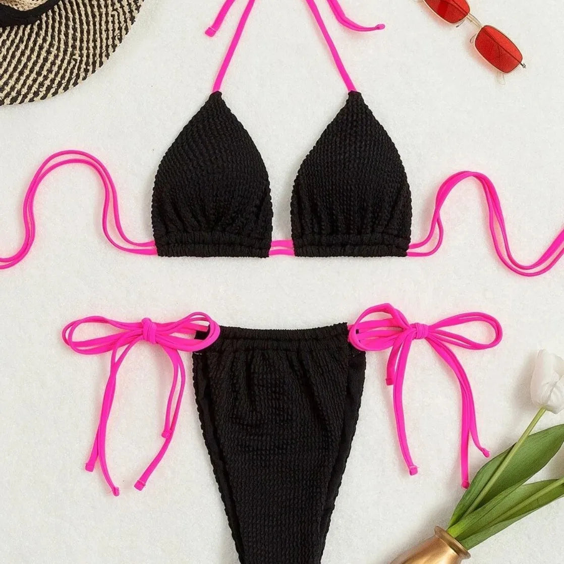 Bikini Pure Color Ladies Two-Piece Swimsuit Hanging Neck Strap Imported Swimwear Available Now Two Piece Swimsuit Thong Set
