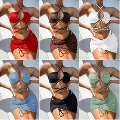 Bikini Set Reversible 3-Piece Swimwear Bathing Suit Solid Color Mini