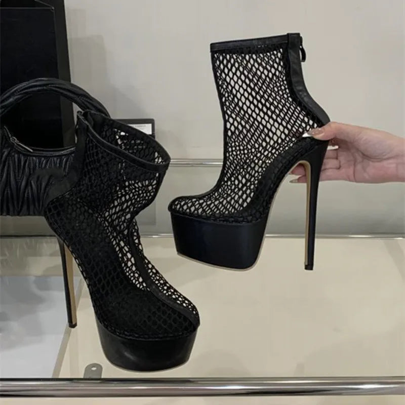 Sexy Black Mesh Back Zipper Design Brand Ankle Boots