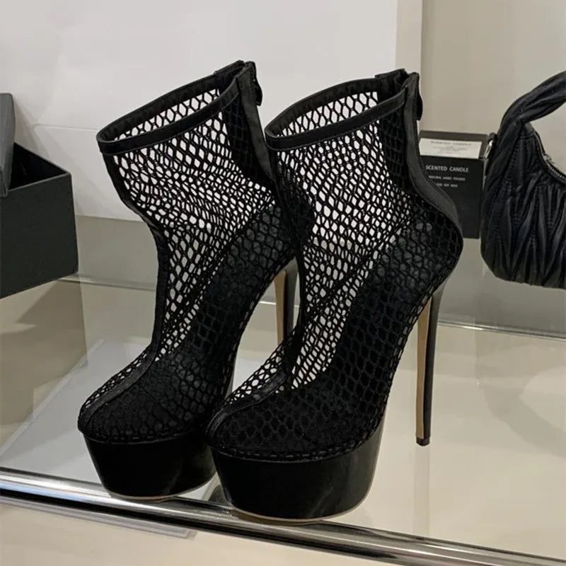 Sexy Black Mesh Back Zipper Design Brand Ankle Boots