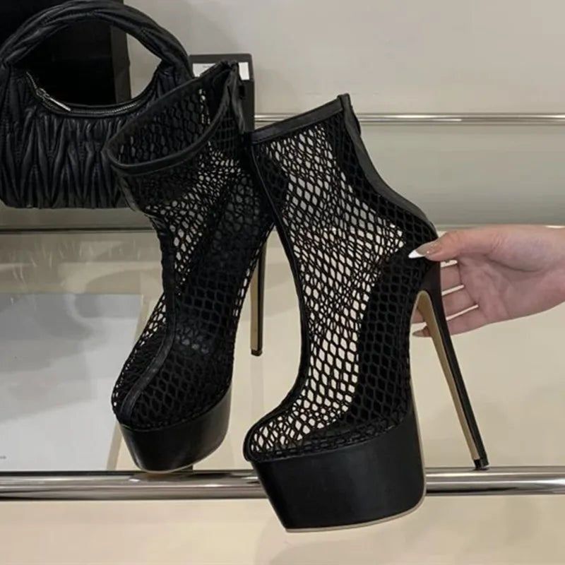 Sexy Black Mesh Back Zipper Design Brand Ankle Boots