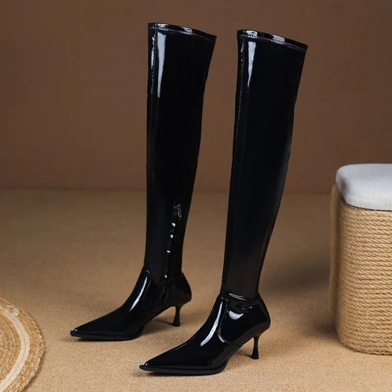 Sexy Black Patent Leather Knee High Boots