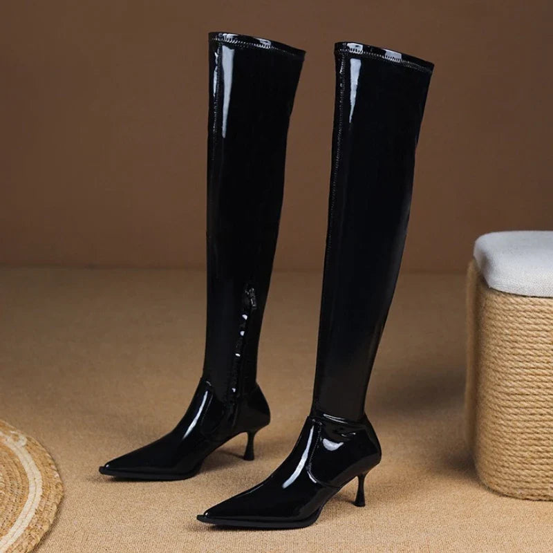 Sexy Black Patent Leather Knee High Boots
